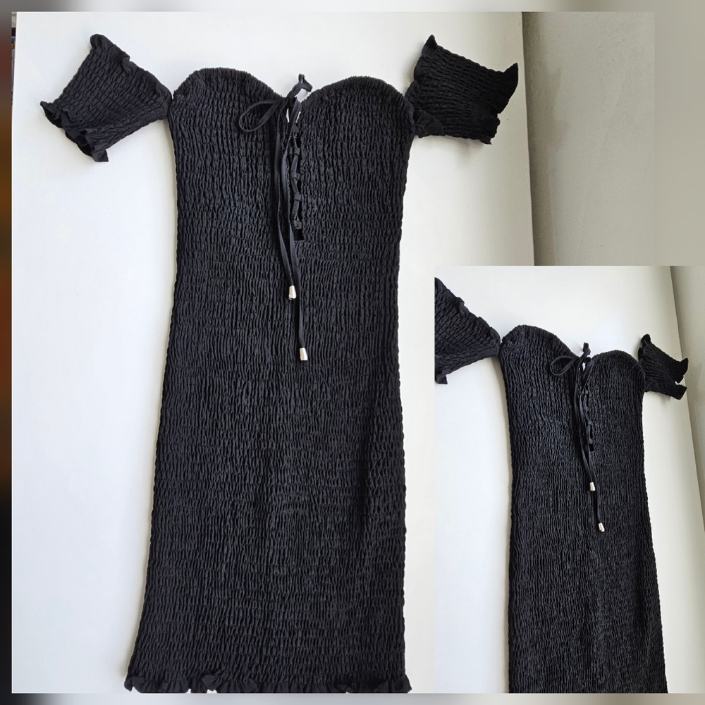 The Kript Black Off Shoulder Shirred Mini Dress